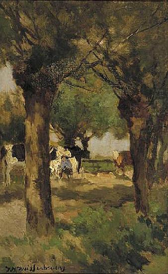 Milking cows underneath the willows, Jan Hendrik Weissenbruch